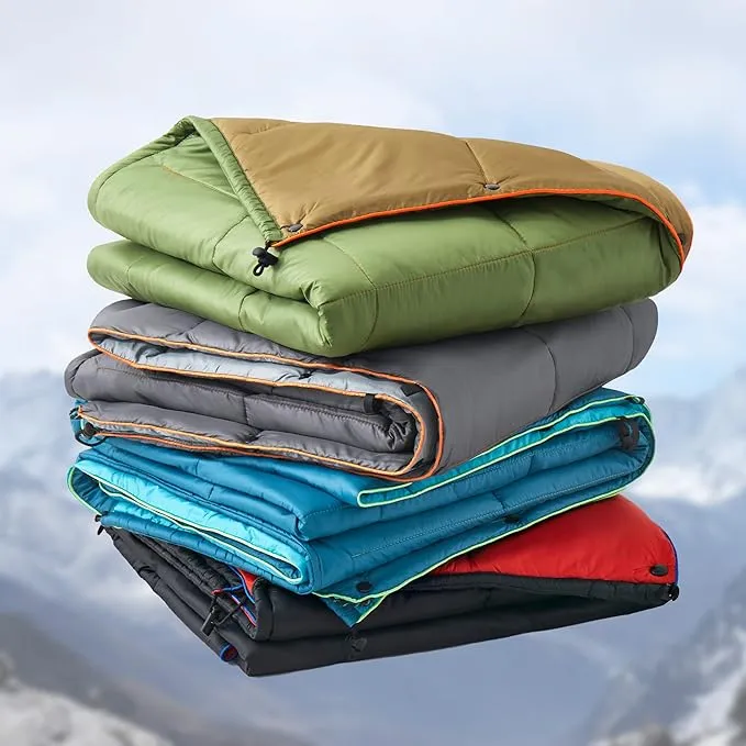 UNIKOME Outdoor Packable Camping Blanket, Lightweight Travel Blanket for Hiking, Camping, Dual-Sides Waterproof Puffy Down Alternative Camping Blanket with Snap Clasps, 75"×52", Army Green&Brown
