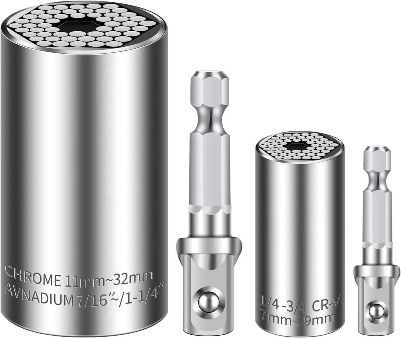 Universal Socket Set (11-32mm 7-19mm) Super Socket for Unscrew Any Bolt Multi-Function Universal Socket Tool Kit with Power Drill Adapters Gifts for Men, Father/Dad, Husband, DIY Handyman 4PCS