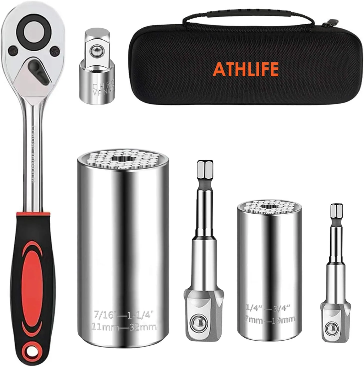 Universal Socket Wrench Set (11-32mm 7-19mm) Professional Sockets Tools Multi-function Wrench Repair Tool Kit with 3/8 inch Ratchet Wrench & Power Drill Adapter Chrome Vanadium Steel