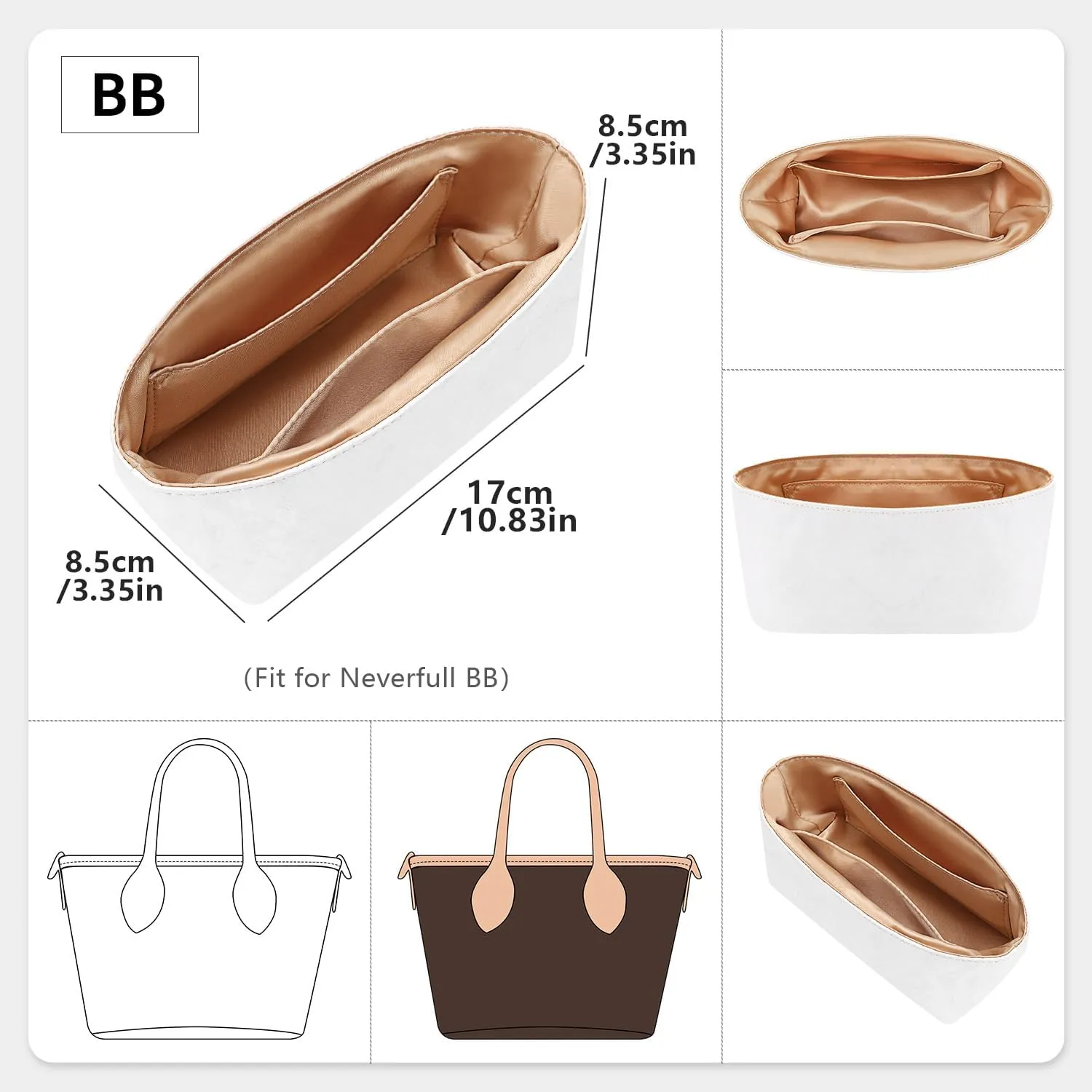 Upgraded Tote Bag Organizer Insert Compatible with LV Neverfull BB, Lightweight Dupontpaper Purse Insert for Women Handbag with Pockets (White, BB)