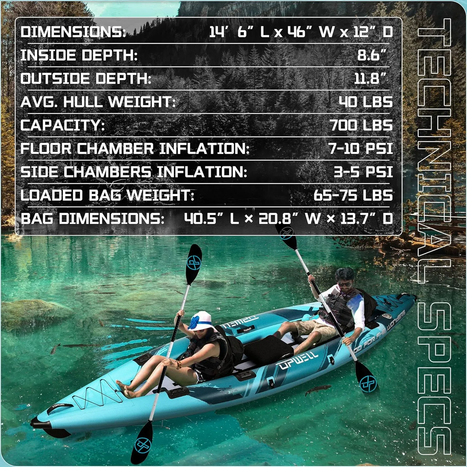 UPWELL 11'/14'6”Inflatable Kayak with Drop Stitch Floor and Accessories Including Kayak Seat with Thickened Cushion, Paddle, Fin, Repair Kits, Carry Bag and Hand Pump