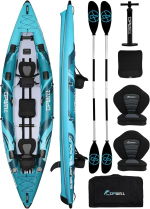 UPWELL 11'/14'6”Inflatable Kayak with Drop Stitch Floor and Accessories Including Kayak Seat with Thickened Cushion, Paddle, Fin, Repair Kits, Carry Bag and Hand Pump