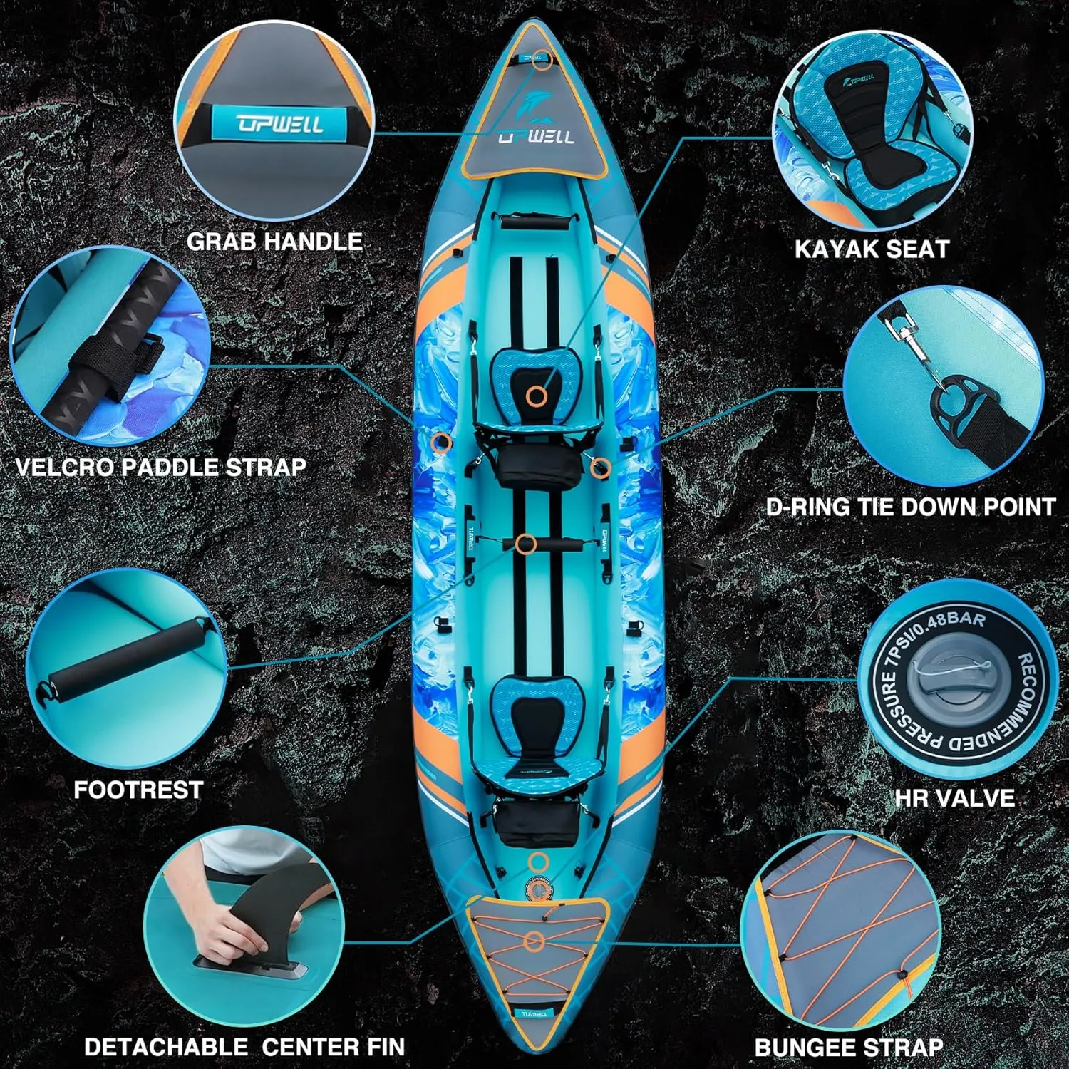 UPWELL 13'6”/11' Inflatable Recreational Kayak - 2 Person with Drop Stitch Floor and Accessories Including Kayak Seats with High Back Support, Paddle, Fin, Repair Kits, Carry Bag and Hand Pump