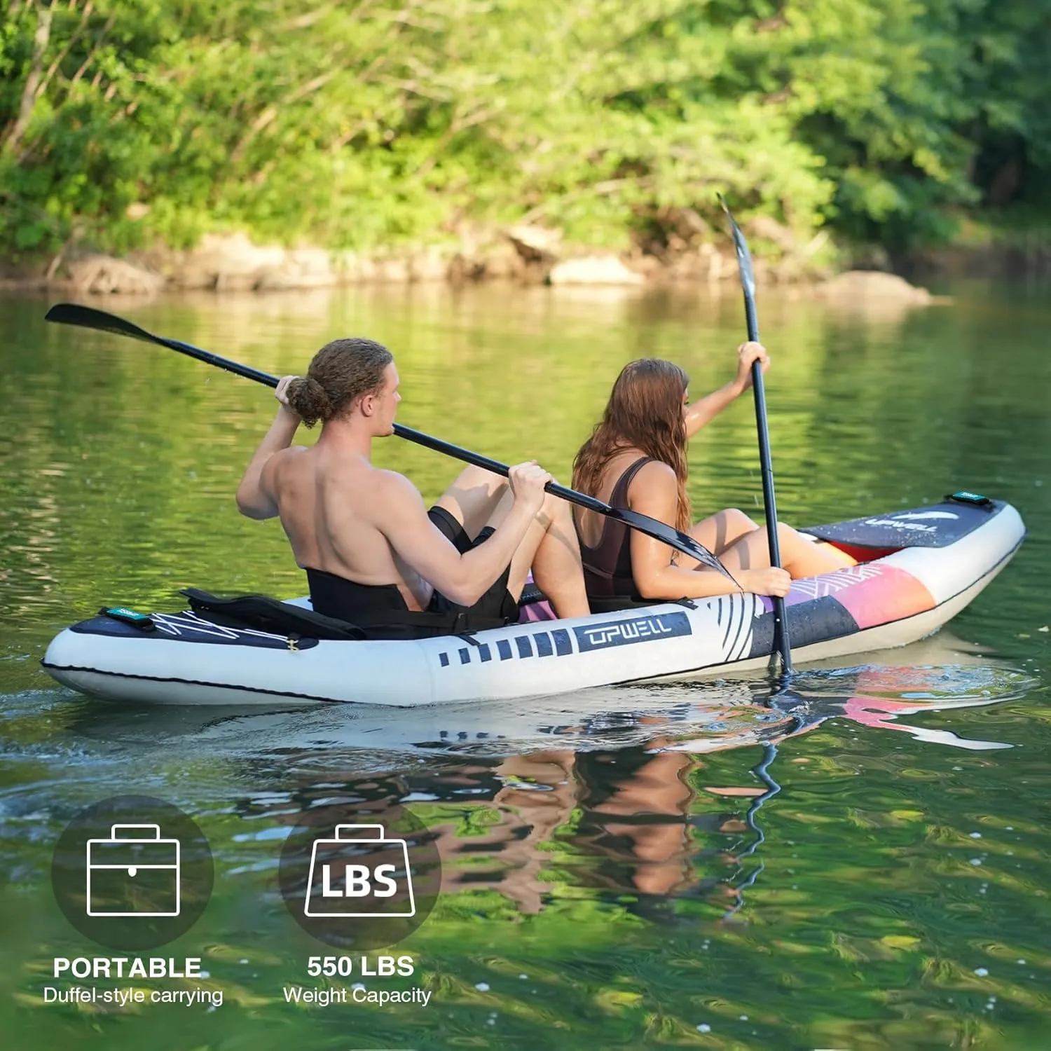 UPWELL 13'6”/11' Inflatable Recreational Kayak - 2 Person with Drop Stitch Floor and Accessories Including Kayak Seats with High Back Support, Paddle, Fin, Repair Kits, Carry Bag and Hand Pump