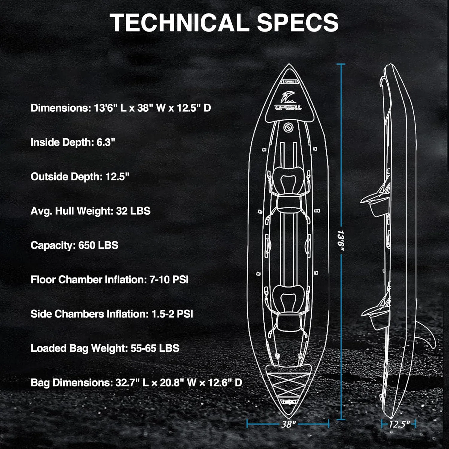 UPWELL 13'6”/11' Inflatable Recreational Kayak - 2 Person with Drop Stitch Floor and Accessories Including Kayak Seats with High Back Support, Paddle, Fin, Repair Kits, Carry Bag and Hand Pump