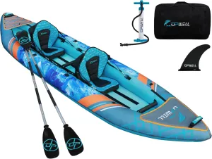 UPWELL 13'6”/11' Inflatable Recreational Kayak - 2 Person with Drop Stitch Floor and Accessories Including Kayak Seats with High Back Support, Paddle, Fin, Repair Kits, Carry Bag and Hand Pump