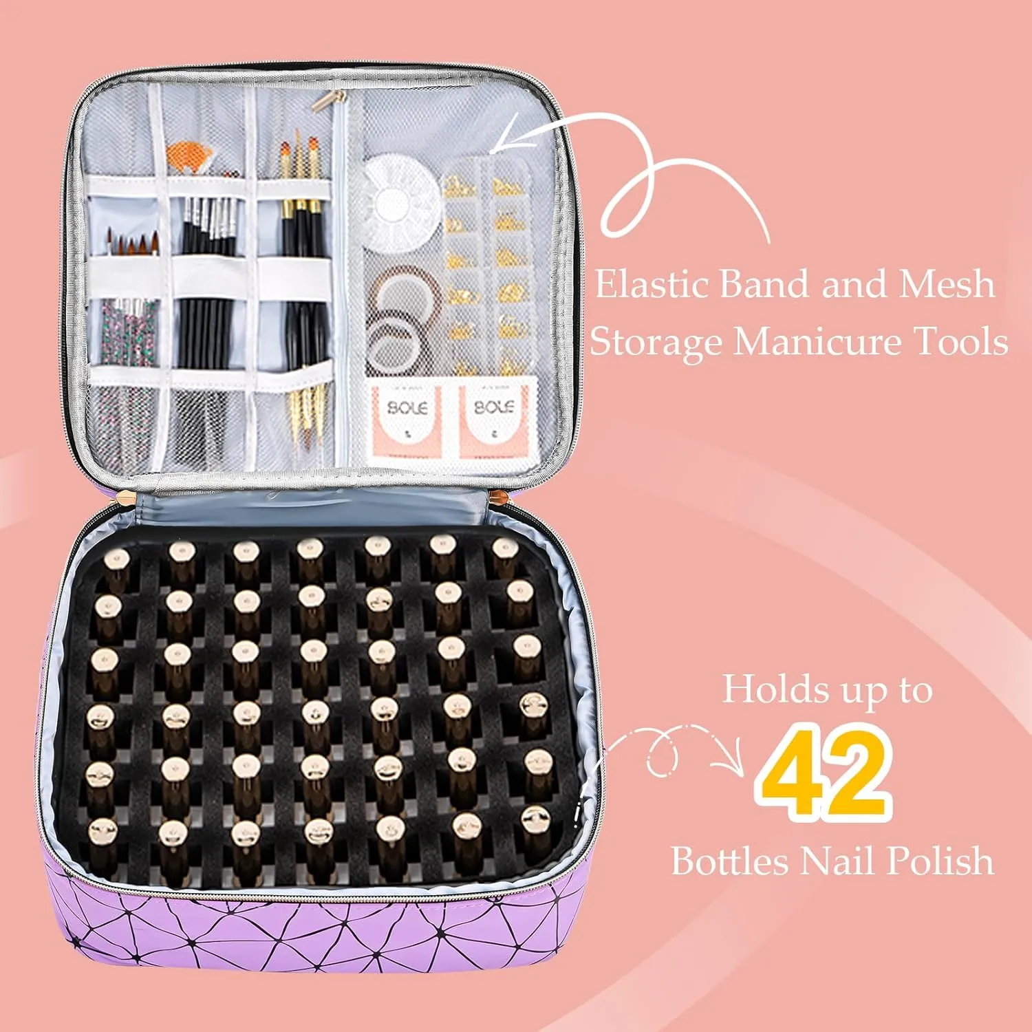 Uross Nail Polish Organizer Bag Holds 42 Bottles Nail Polish & Nail Lamp, Gel Nail Polish Organizers and Storage box for Nail Tech, Nail Kit Supplies Organizer Case - Purple