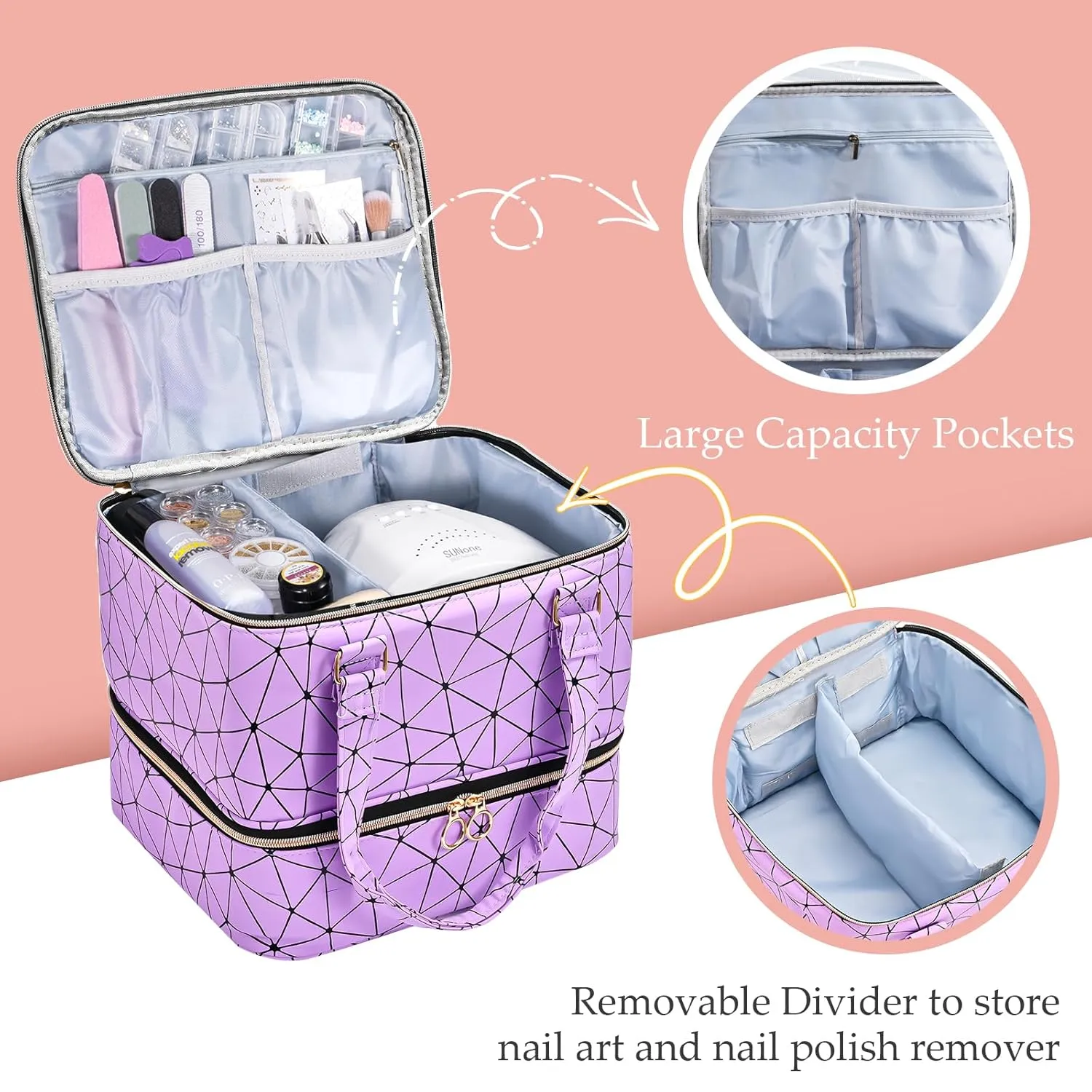 Uross Nail Polish Organizer Bag Holds 42 Bottles Nail Polish & Nail Lamp, Gel Nail Polish Organizers and Storage box for Nail Tech, Nail Kit Supplies Organizer Case - Purple