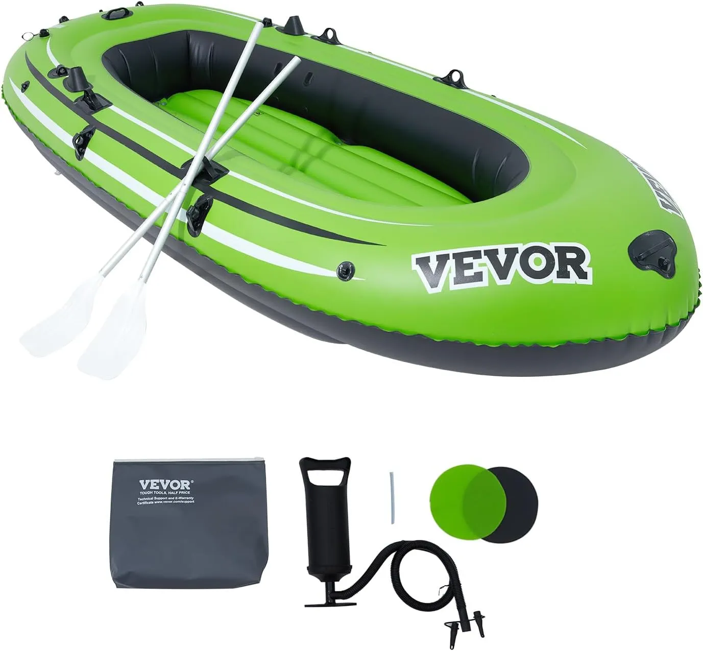 VEVOR Inflatable Boat, 4-Person Inflatable Fishing Boat, Strong PVC Portable Boat Raft Kayak, 45.6" Aluminum Oars, High-Output Pump, Fishing Rod Holders, and 2 Seats, 1100 lb Capacity for Adults, Kids