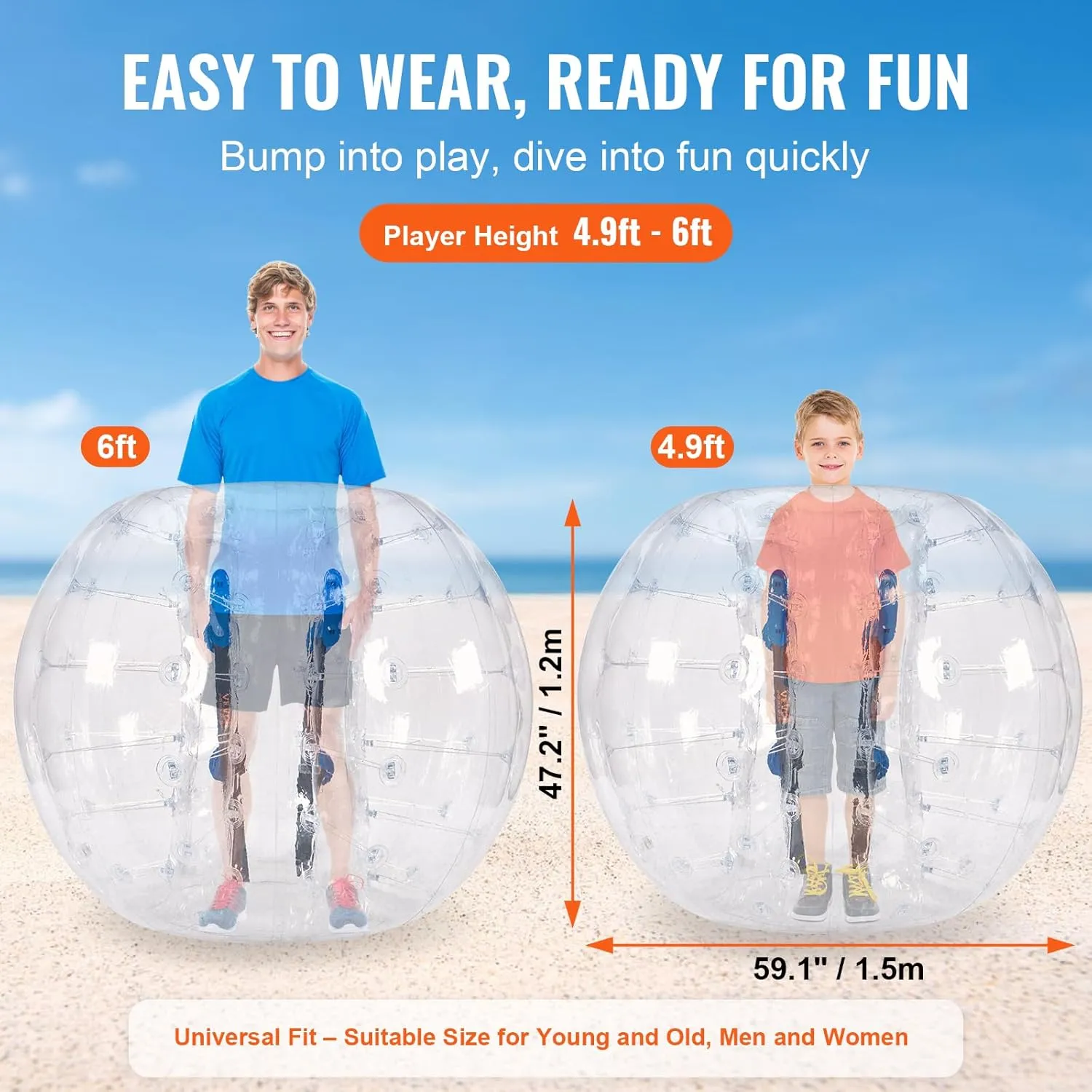 VEVOR Inflatable Bumper Ball, 4FT/5FT Body Sumo Zorb Balls for Teen, 0.8mm Thick PVC Human Hamster Bubble Balls for Outdoor Team Gaming Play, Bumper Bopper Toys for Garden, Yard, Park