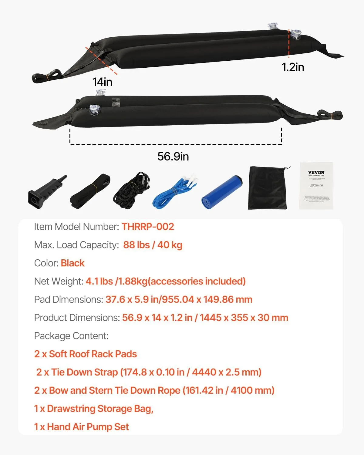 VEVOR Inflatable Soft Roof Rack Bars, 37.6-Inch Universal Car Roof Rack Pads, 88LBS Loading Luggage Kayak Carrier with 2 Tie-Down Straps & Ropes, Hand Air Pump, Storage Bag for Canoes Surfboards SUPs