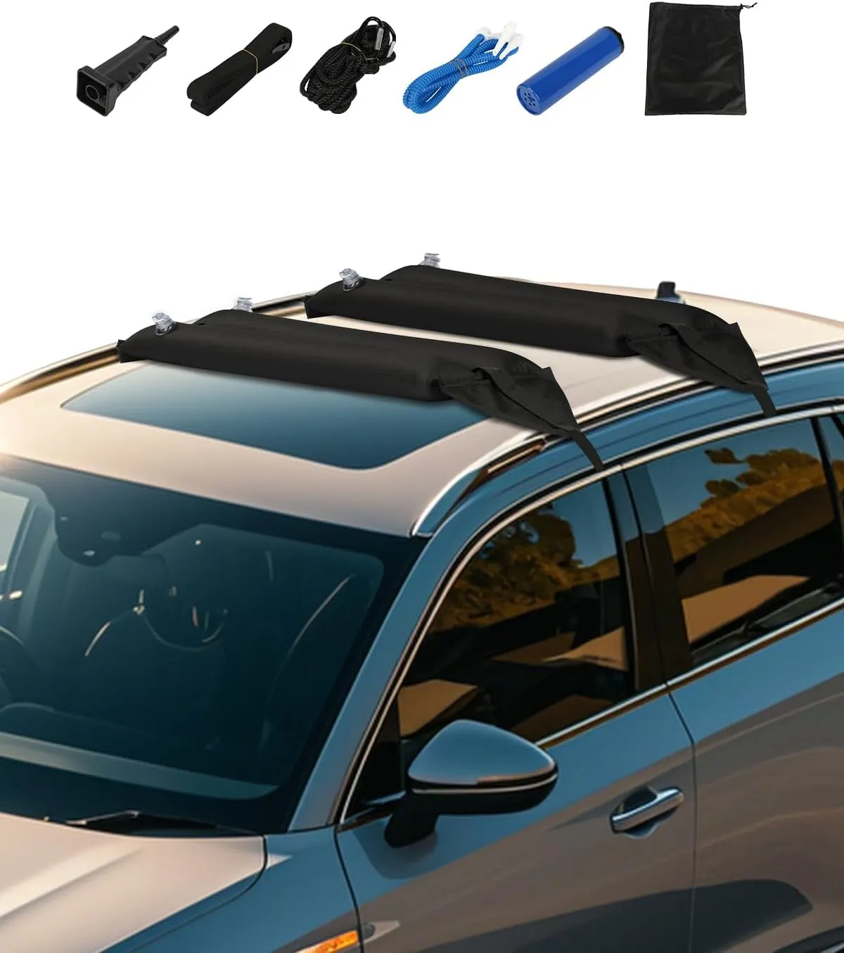 VEVOR Inflatable Soft Roof Rack Bars, 37.6-Inch Universal Car Roof Rack Pads, 88LBS Loading Luggage Kayak Carrier with 2 Tie-Down Straps & Ropes, Hand Air Pump, Storage Bag for Canoes Surfboards SUPs