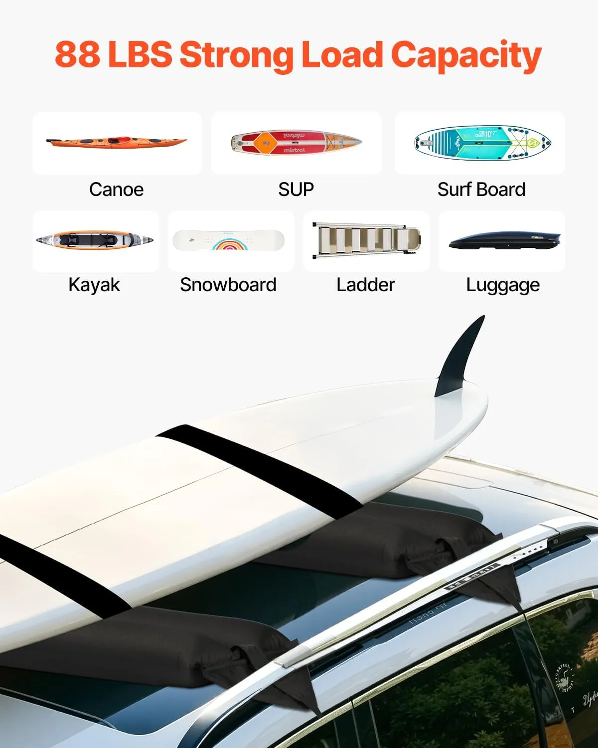 VEVOR Inflatable Soft Roof Rack Bars, 37.6-Inch Universal Car Roof Rack Pads, 88LBS Loading Luggage Kayak Carrier with 2 Tie-Down Straps & Ropes, Hand Air Pump, Storage Bag for Canoes Surfboards SUPs