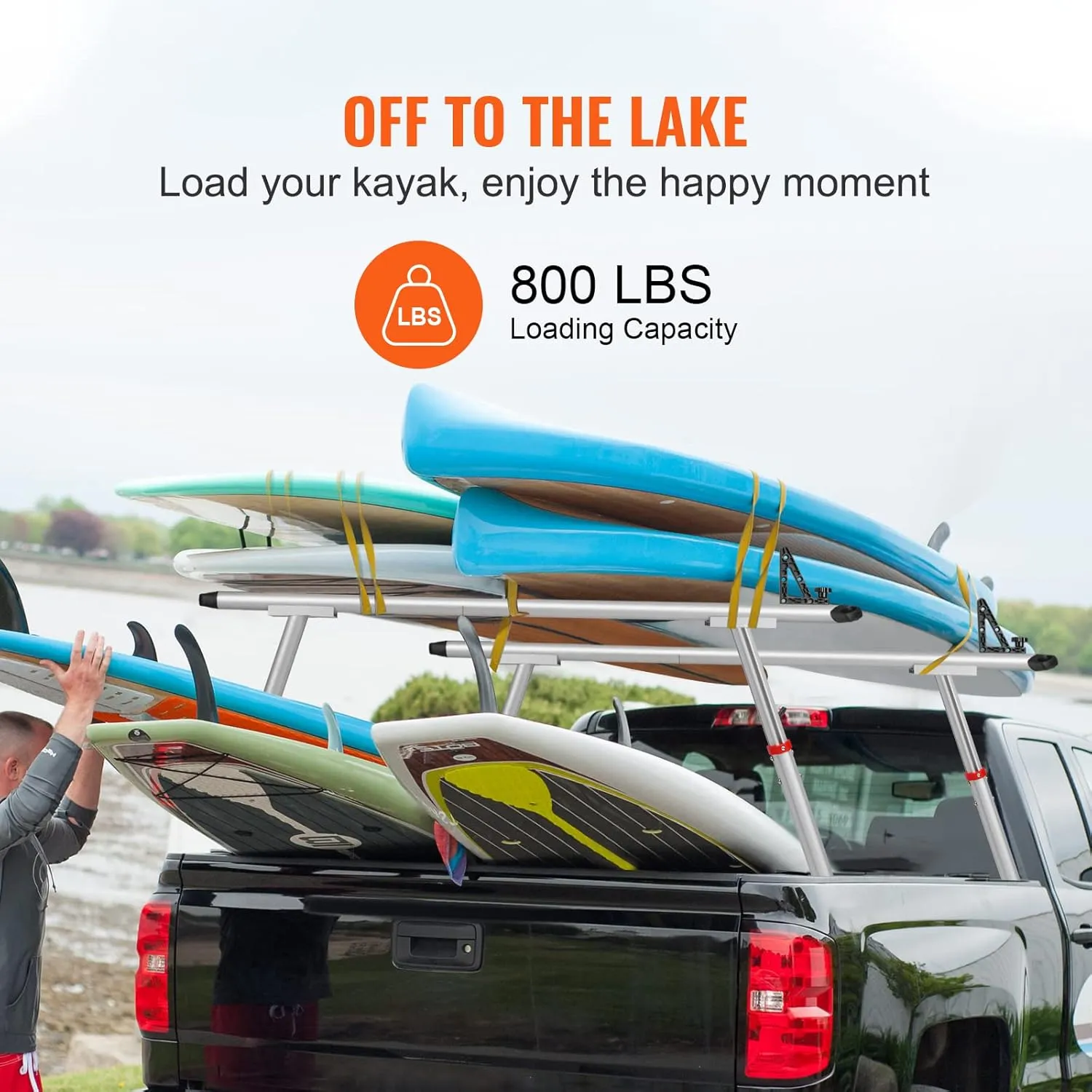 VEVOR Truck Rack, 19-34in Adjustable Height Ladder Rack for Truck, Aluminum 800 lbs Capacity with 8 Non-Drilling C-Clamps, Heavy Duty Truck Bed Rack Two-Bar Set for Kayak, Surfboard, Lumber, Ladder