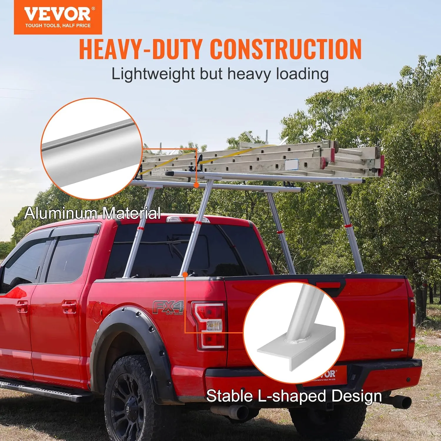 VEVOR Truck Rack, 19-34in Adjustable Height Ladder Rack for Truck, Aluminum 800 lbs Capacity with 8 Non-Drilling C-Clamps, Heavy Duty Truck Bed Rack Two-Bar Set for Kayak, Surfboard, Lumber, Ladder