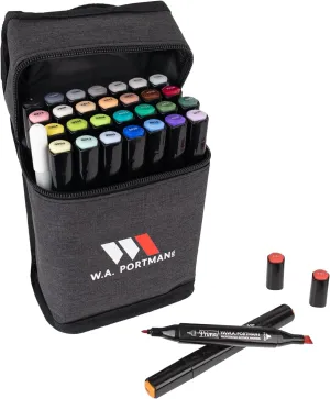 WA Portman Prima Professional Dual Tip Alcohol Markers Set - 30pc Chisel & Fine Point - Fast Drying and Multi-Surfaced Alcohol Art Markers Set with White Gel Pen - Ideal for Drawing and Sketching