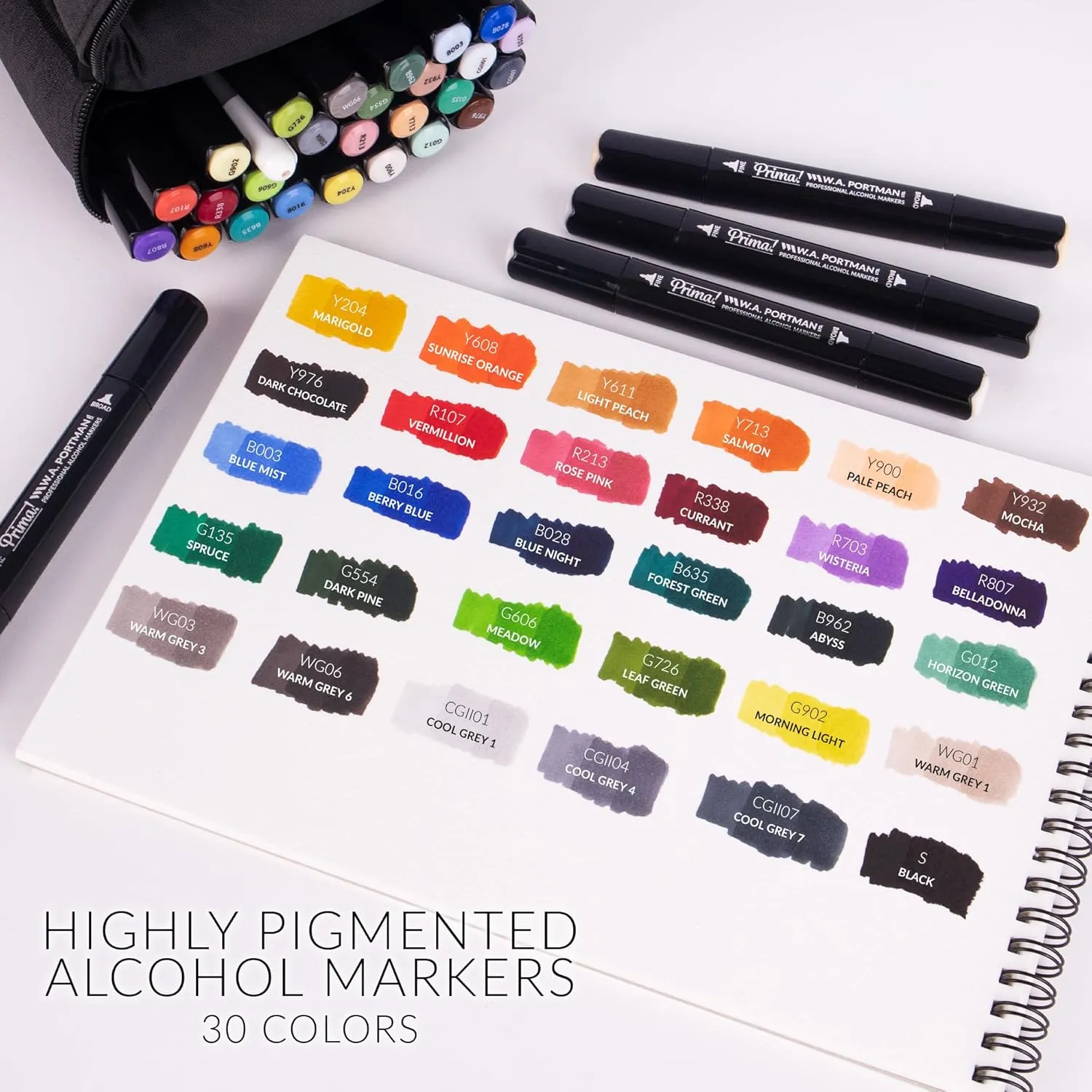 WA Portman Prima Professional Dual Tip Alcohol Markers Set - 30pc Chisel & Fine Point - Fast Drying and Multi-Surfaced Alcohol Art Markers Set with White Gel Pen - Ideal for Drawing and Sketching
