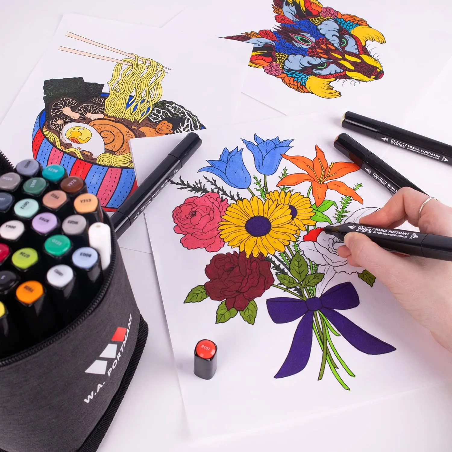 WA Portman Prima Professional Dual Tip Alcohol Markers Set - 30pc Chisel & Fine Point - Fast Drying and Multi-Surfaced Alcohol Art Markers Set with White Gel Pen - Ideal for Drawing and Sketching