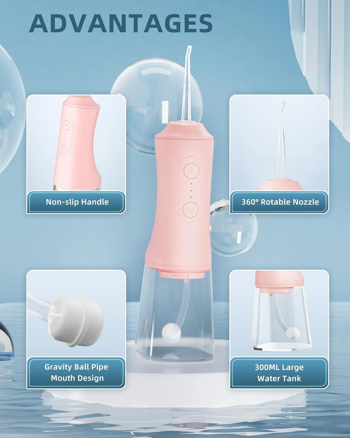 Water Flosser, Water Dental Flosser Pick for Teeth, 300ML IPX7 Waterproof Oral Irrigator, 3 Modes 4 Replaceable Jet Tips, Professional Flossing Cleaning Picks for Home Travel Gums (Pink)