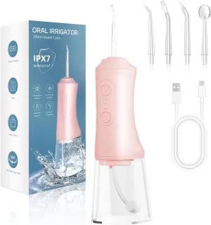 Water Flosser, Water Dental Flosser Pick for Teeth, 300ML IPX7 Waterproof Oral Irrigator, 3 Modes 4 Replaceable Jet Tips, Professional Flossing Cleaning Picks for Home Travel Gums (Pink)