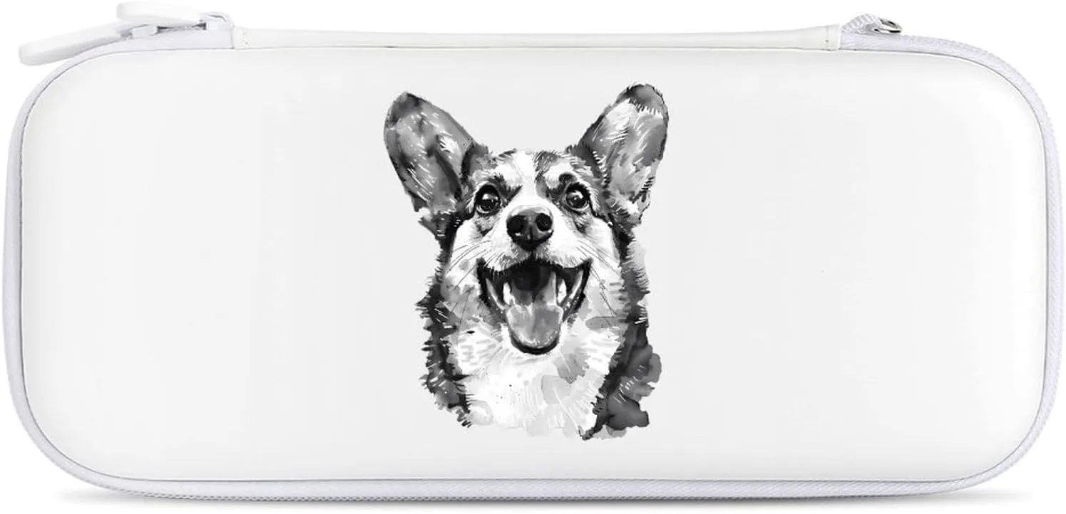 Watercolor Corgi Dog Black and White Hard Shell Travel Case with Rope 15 Game Card Pockets Compatible with Switch Protective