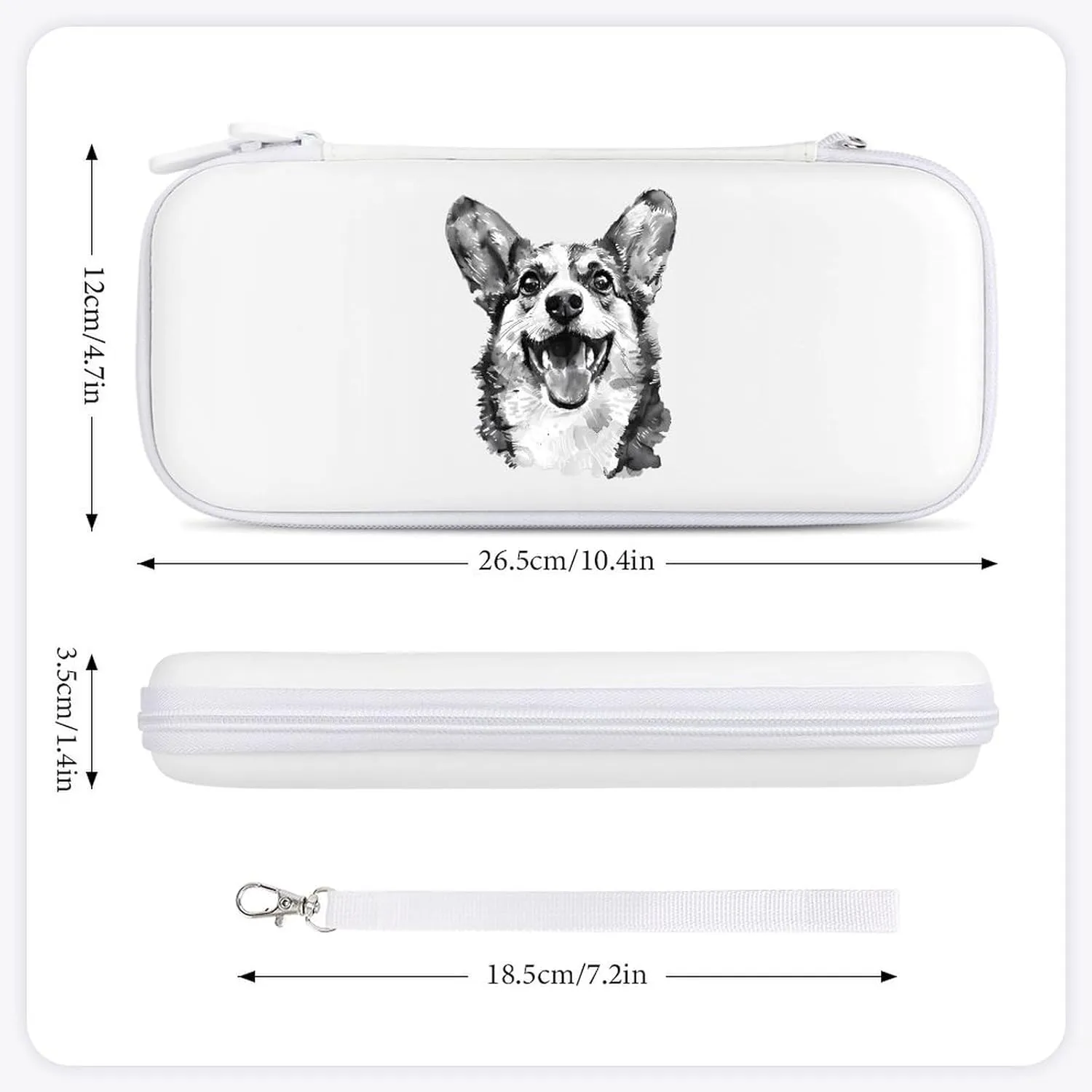 Watercolor Corgi Dog Black and White Hard Shell Travel Case with Rope 15 Game Card Pockets Compatible with Switch Protective