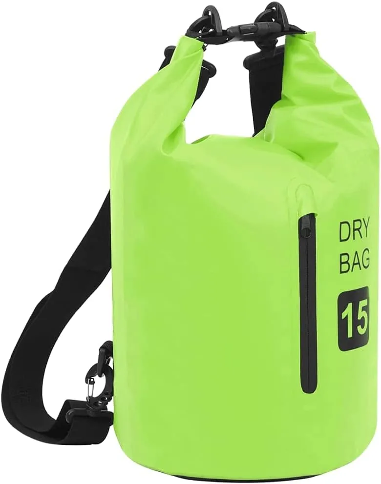 Waterproof Dry Bag with Zipper for Outdoor Activities, 4 Gallon Capacity, Durable PVC, Green and Black