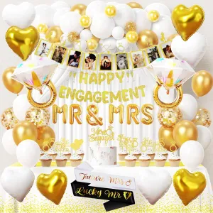Winrayk Happy Engagement Party Decorations for Couple, White Gold Balloon Arch, Mr & Mrs Diamond Ring Heart Foil Balloon, Engaged Banner & Photo Banner, Cake Cupcake Topper, Sash, Tablecloth (114 Pcs)