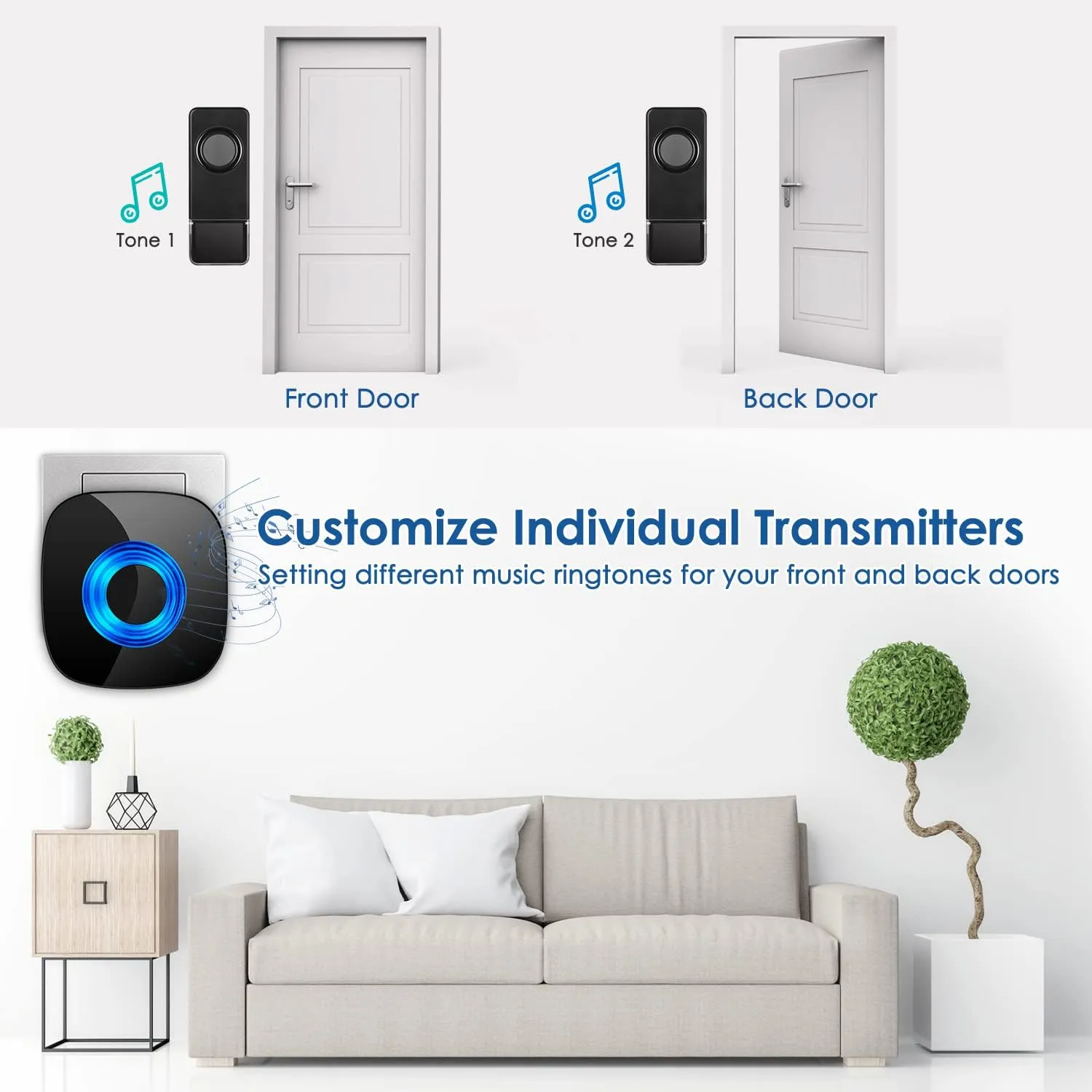 Wireless Doorbell - PHYSEN Door bell Chimes with Mute Mode - 58 Ringtones&5 Volume Levels Operating at 1300-ft Range LED Strobe, 2 Transmitters 3 Receivers Waterproof Doorbell Kit for Home/Classroom