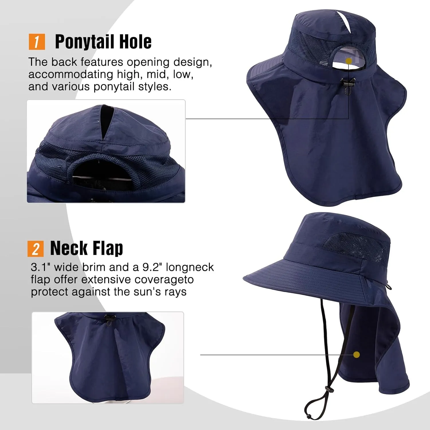 Women's Flap Ponytail UV 50 Packable Mesh Sun Fishing Beach Hiking Oversized XL XXL Hat