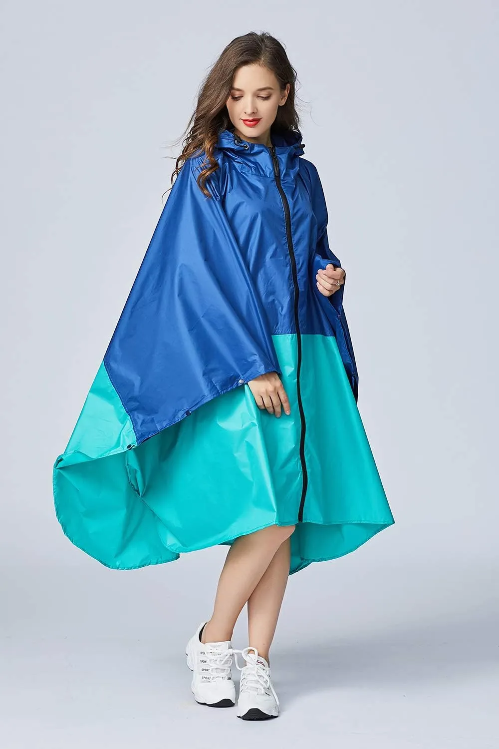 Womens Rain Poncho Stylish Polyester Waterproof Raincoat Free Size with Hood Zipper