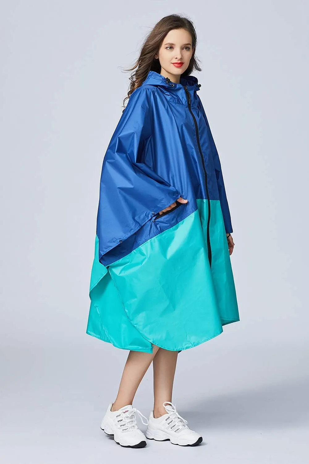 Womens Rain Poncho Stylish Polyester Waterproof Raincoat Free Size with Hood Zipper