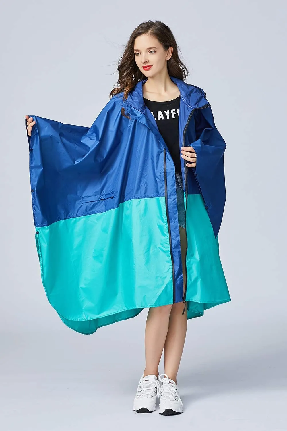 Womens Rain Poncho Stylish Polyester Waterproof Raincoat Free Size with Hood Zipper