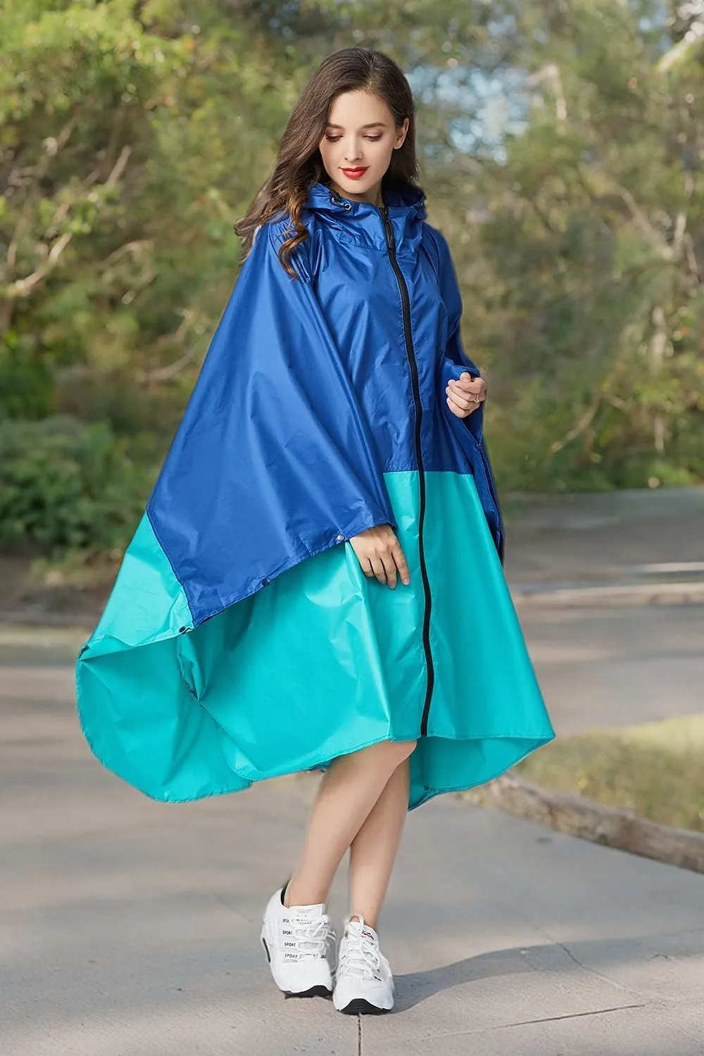 Womens Rain Poncho Stylish Polyester Waterproof Raincoat Free Size with Hood Zipper