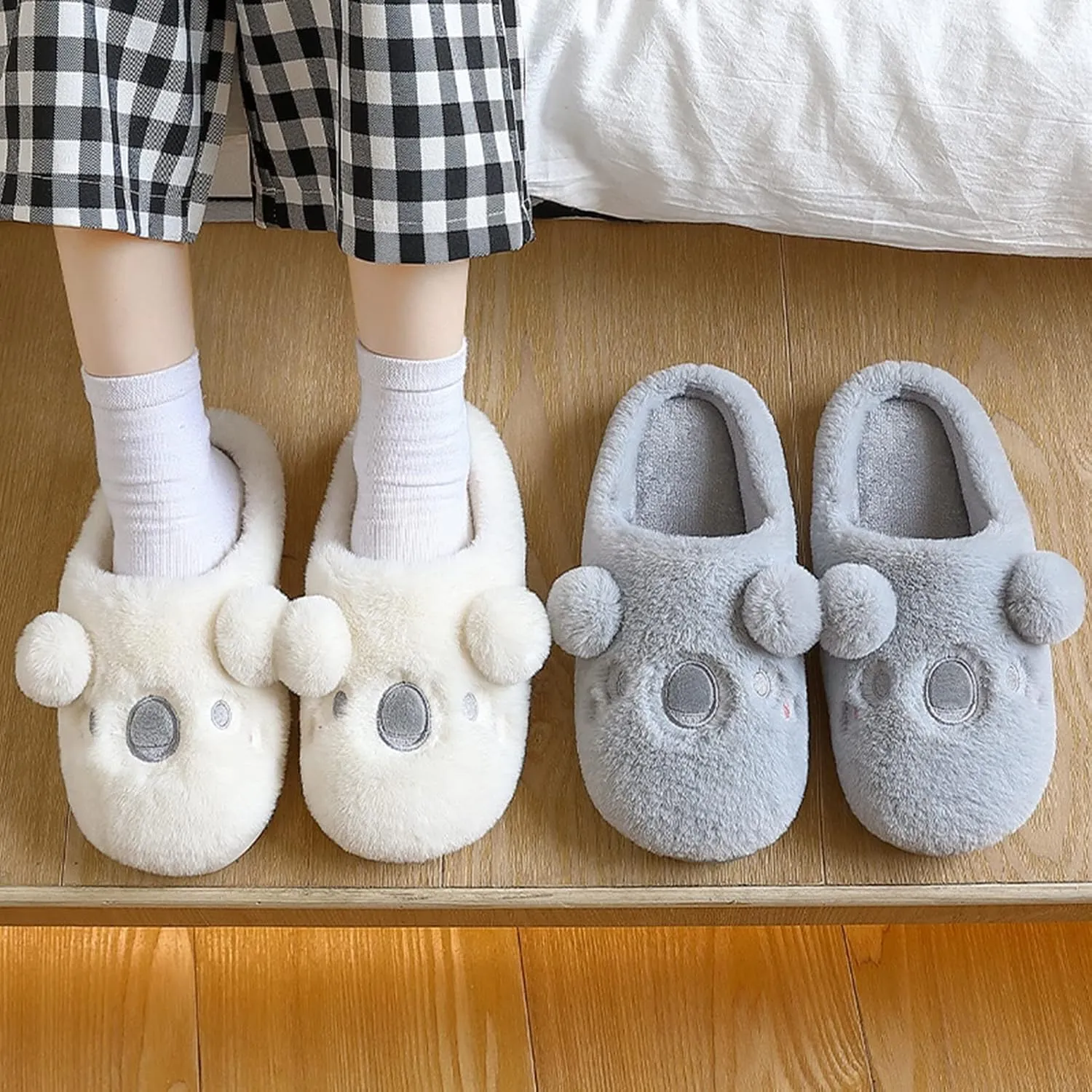 Womens Unisex Warm Fuzzy Soft Plush House Slippers Cute Sleeping Koala Animal Bedroom Home Shoes with Non-Slip Waterproof Rubber Sloe Indoor