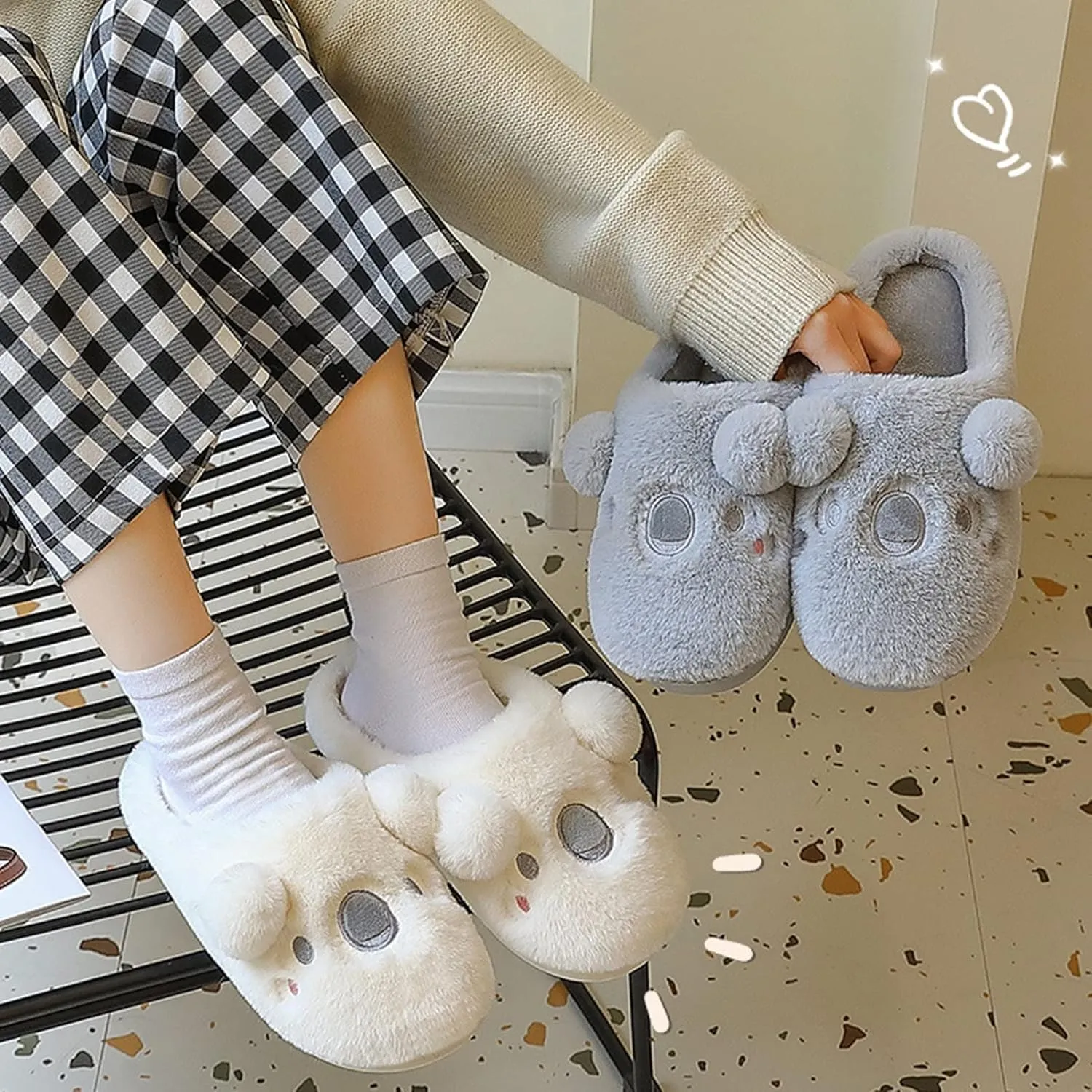 Womens Unisex Warm Fuzzy Soft Plush House Slippers Cute Sleeping Koala Animal Bedroom Home Shoes with Non-Slip Waterproof Rubber Sloe Indoor