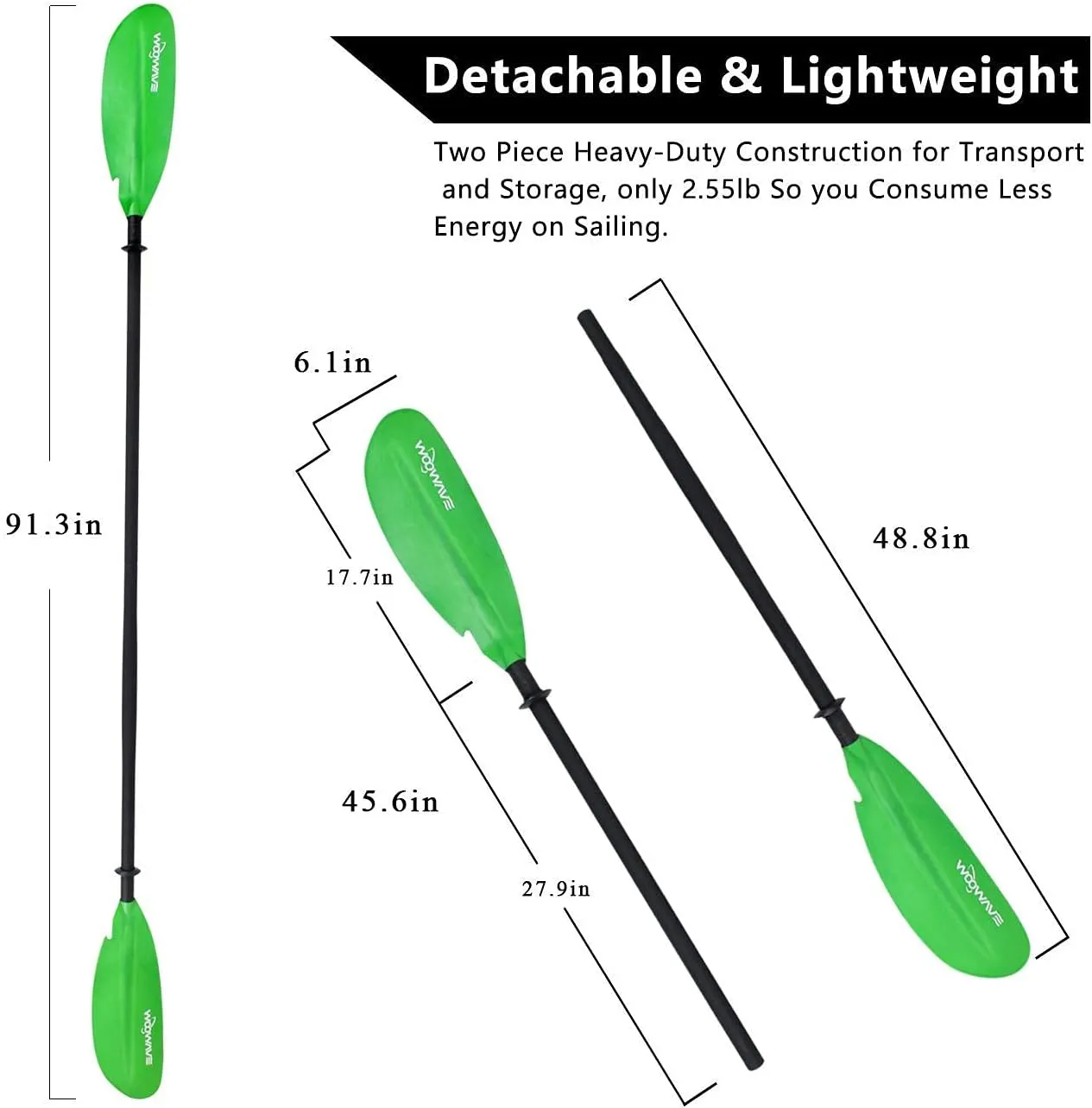 WOOWAVE Kayak Paddles Adjustable 91.3 inch/231cm Aluminum Shaft and Reinforced Fiberglass Blades,Lightweight Kayak Paddle for Kayaking Boating Oar with a Premium Paddle Leash
