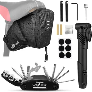 WOTOW Bike Tyre Repair Kits, Waterproof Bicycle Saddle Bag & 120 Psi Mini Pump & Multifunctional Bike Tyre Lever & Self Adhesive Patch Portable Repair Cycling Tool Set for Riding Mountain BMX