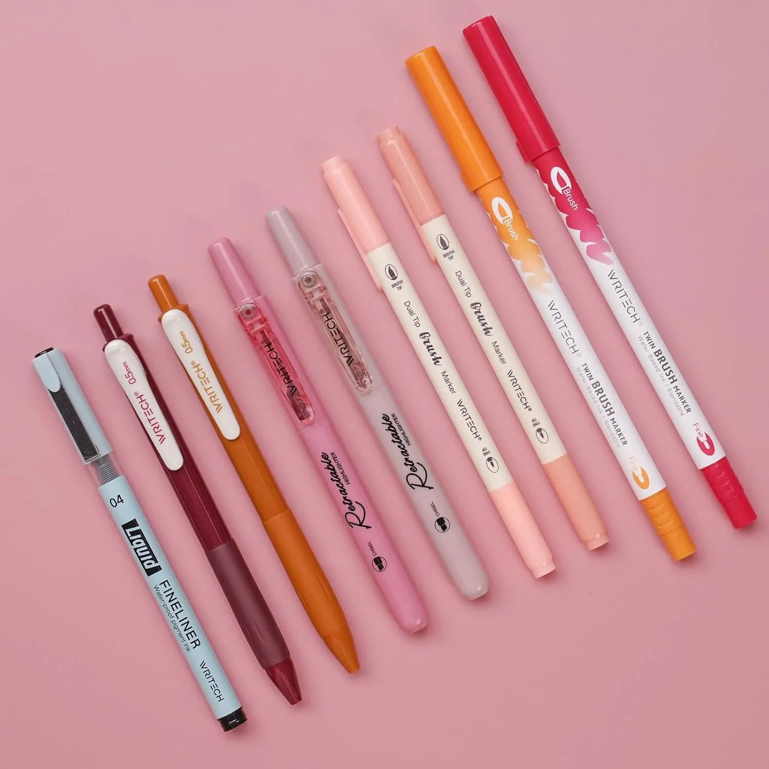 WRITECH Journaling Kit, Gel Ink Pens/Retractable Highlighters/Dual Tip Brush Pens/Fineliner Pens, Smooth Writing Assorted Colors Journaling Supplies, 9 Count with Pen Bag (Elegant red & pink)
