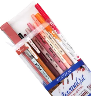 WRITECH Journaling Kit, Gel Ink Pens/Retractable Highlighters/Dual Tip Brush Pens/Fineliner Pens, Smooth Writing Assorted Colors Journaling Supplies, 9 Count with Pen Bag (Elegant red & pink)