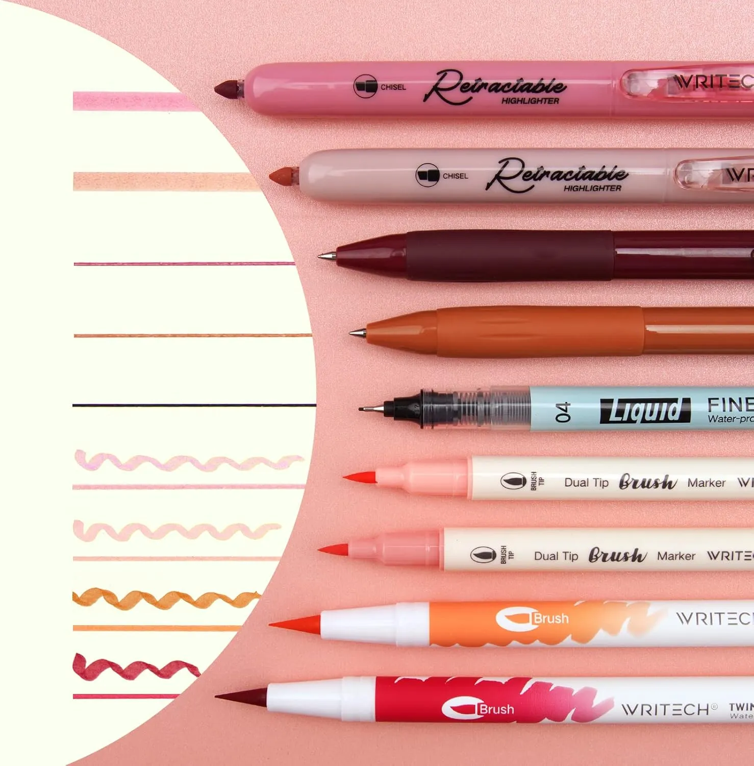 WRITECH Journaling Kit, Gel Ink Pens/Retractable Highlighters/Dual Tip Brush Pens/Fineliner Pens, Smooth Writing Assorted Colors Journaling Supplies, 9 Count with Pen Bag (Elegant red & pink)