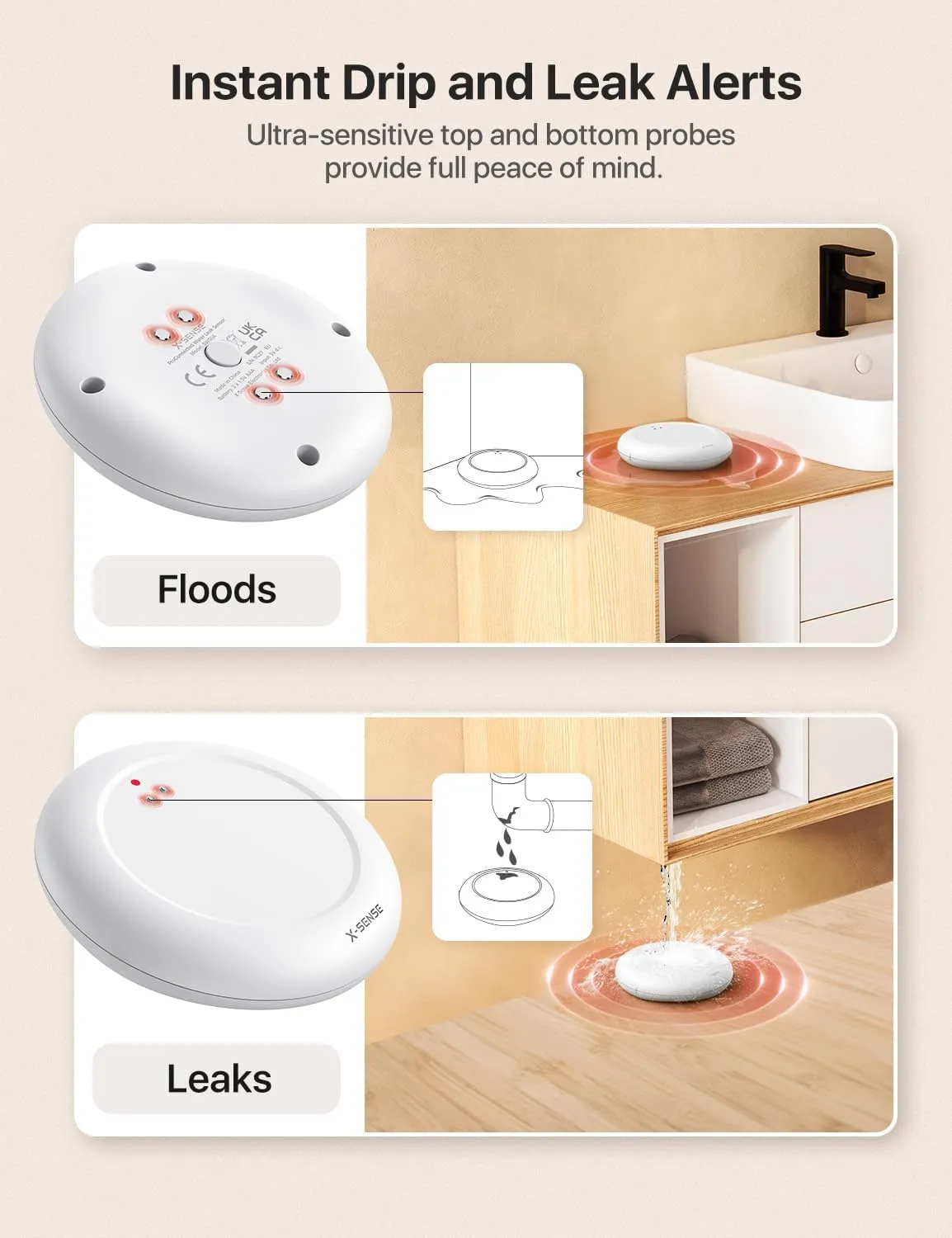 X-Sense Wi-Fi Water Leak Detector Kit, Smart Water Sensor Alarm with App Alerts and Ultra-Slim Design, Water Alarm Leak Detector for Basements, 4 Water Sensors and 1 Base Station, Model SWS0A41