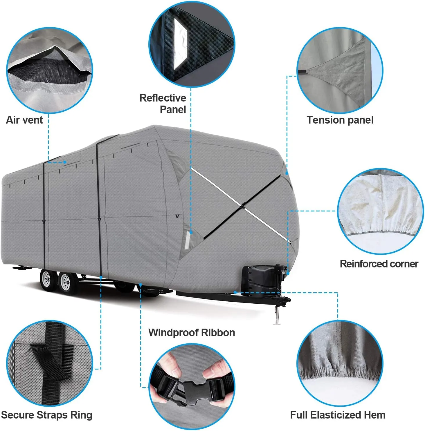 XGEAR Thick 6-Ply Top Panel Travel Trailer Cover- Ripstop Waterproof RV Covers with Storage Bag and Windproof Buckles (22'-24')