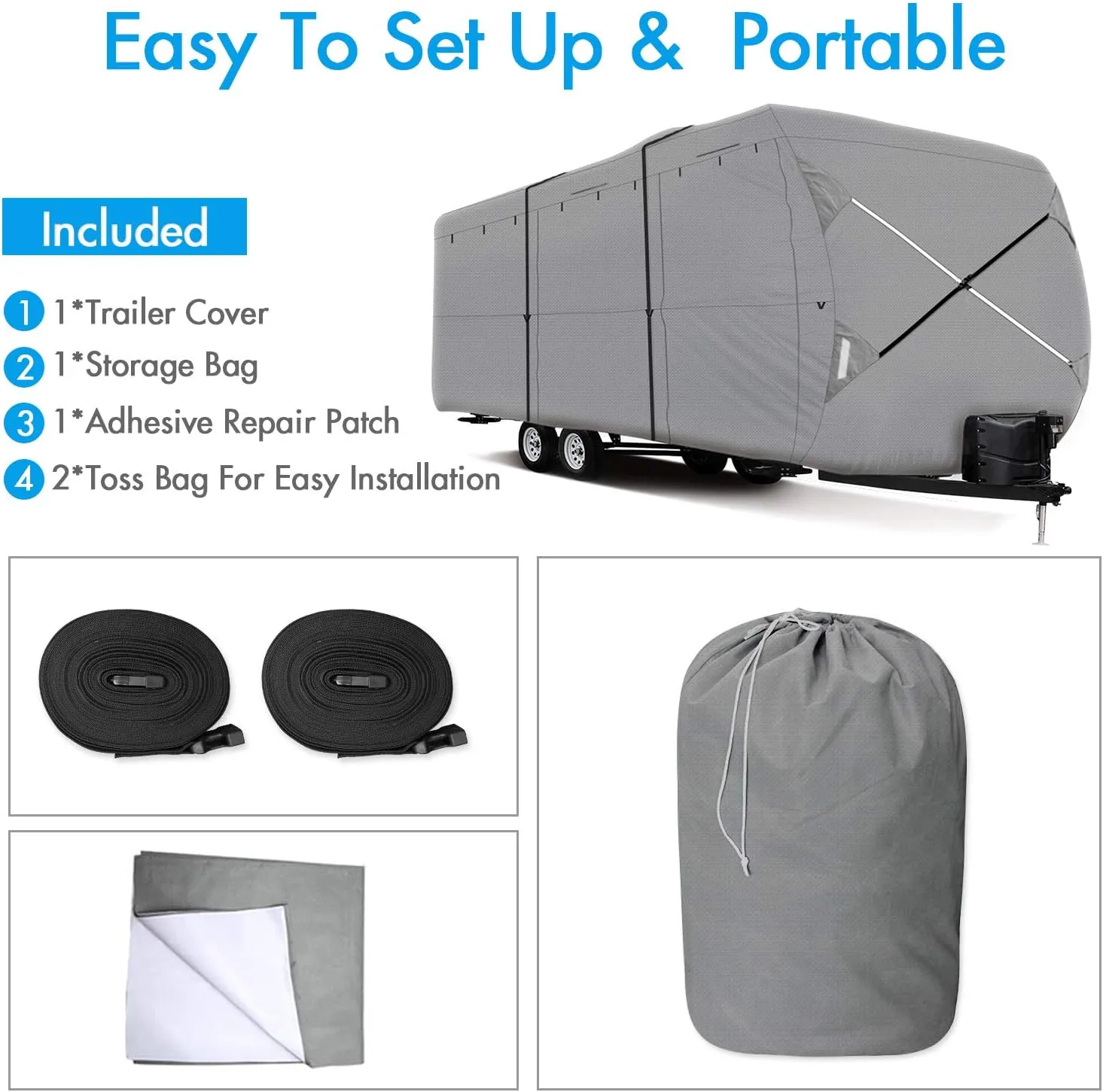 XGEAR Thick 6-Ply Top Panel Travel Trailer Cover- Ripstop Waterproof RV Covers with Storage Bag and Windproof Buckles (22'-24')