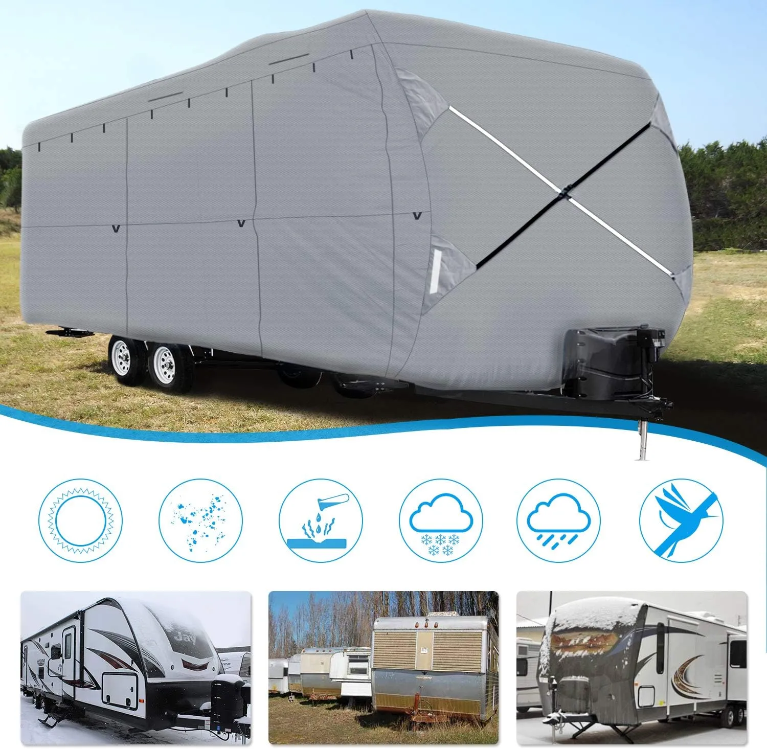 XGEAR Thick 6-Ply Top Panel Travel Trailer Cover- Ripstop Waterproof RV Covers with Storage Bag and Windproof Buckles (22'-24')