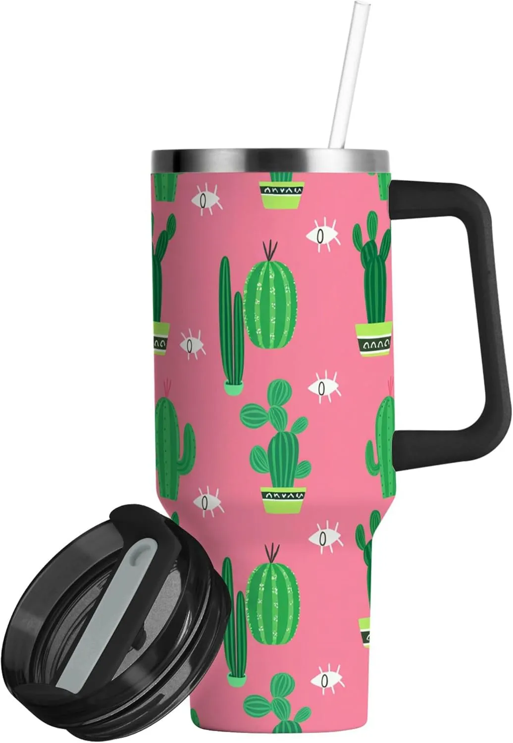 xigua 30 oz Green Cacti Tumbler with Handle and Straw Lid, Stainless Steel Vacuum Insulated Sports Water Bottle, Keeps Cold or Hot Coffee Cup Travel Mug