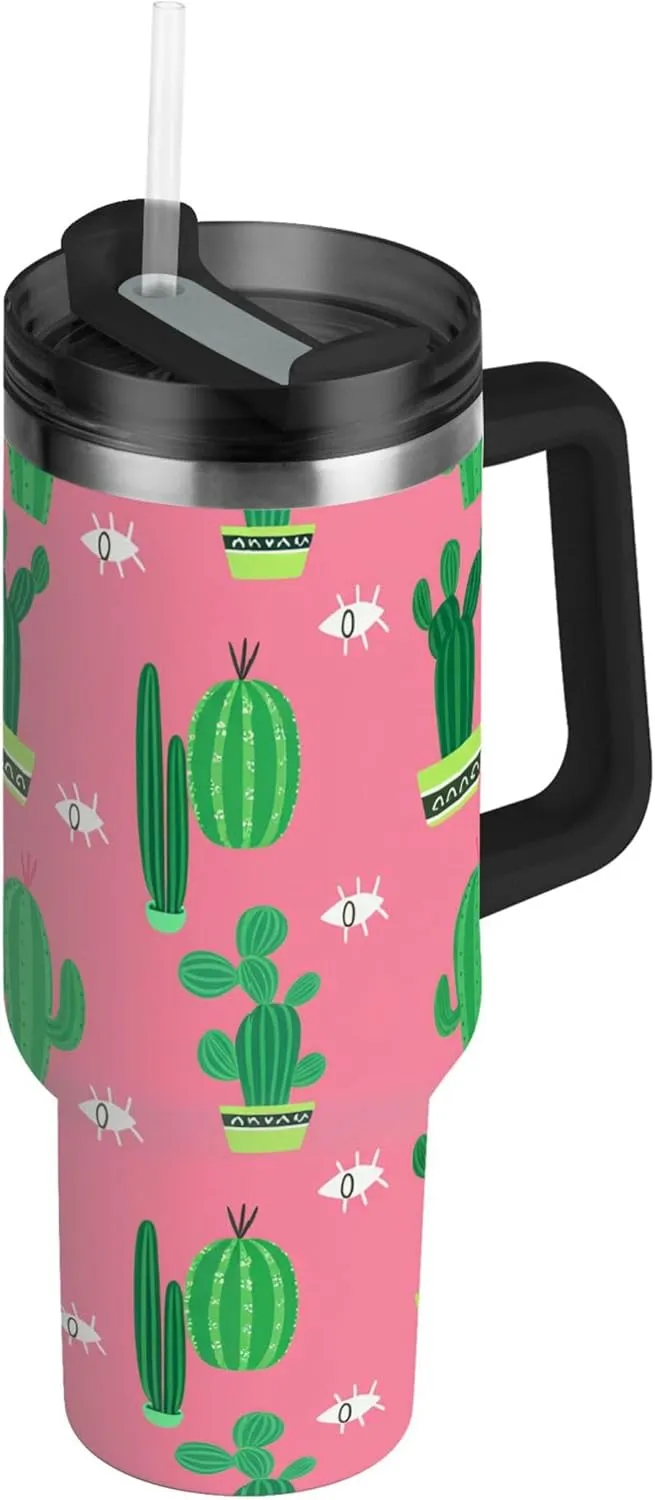 xigua 30 oz Green Cacti Tumbler with Handle and Straw Lid, Stainless Steel Vacuum Insulated Sports Water Bottle, Keeps Cold or Hot Coffee Cup Travel Mug
