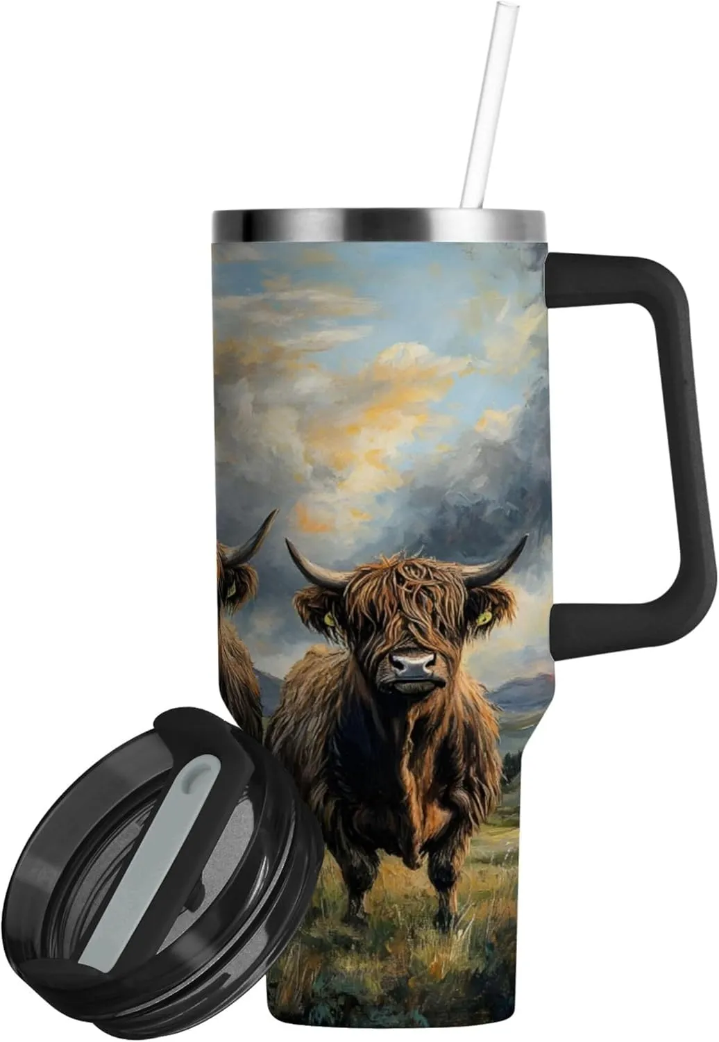 xigua 40 oz Highland Cows Tumbler with Handle and Straw Lid, Stainless Steel Vacuum Insulated Sports Water Bottle, Keeps Cold or Hot Coffee Cup Travel Mug