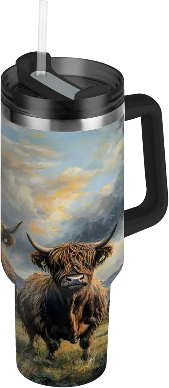 xigua 40 oz Highland Cows Tumbler with Handle and Straw Lid, Stainless Steel Vacuum Insulated Sports Water Bottle, Keeps Cold or Hot Coffee Cup Travel Mug