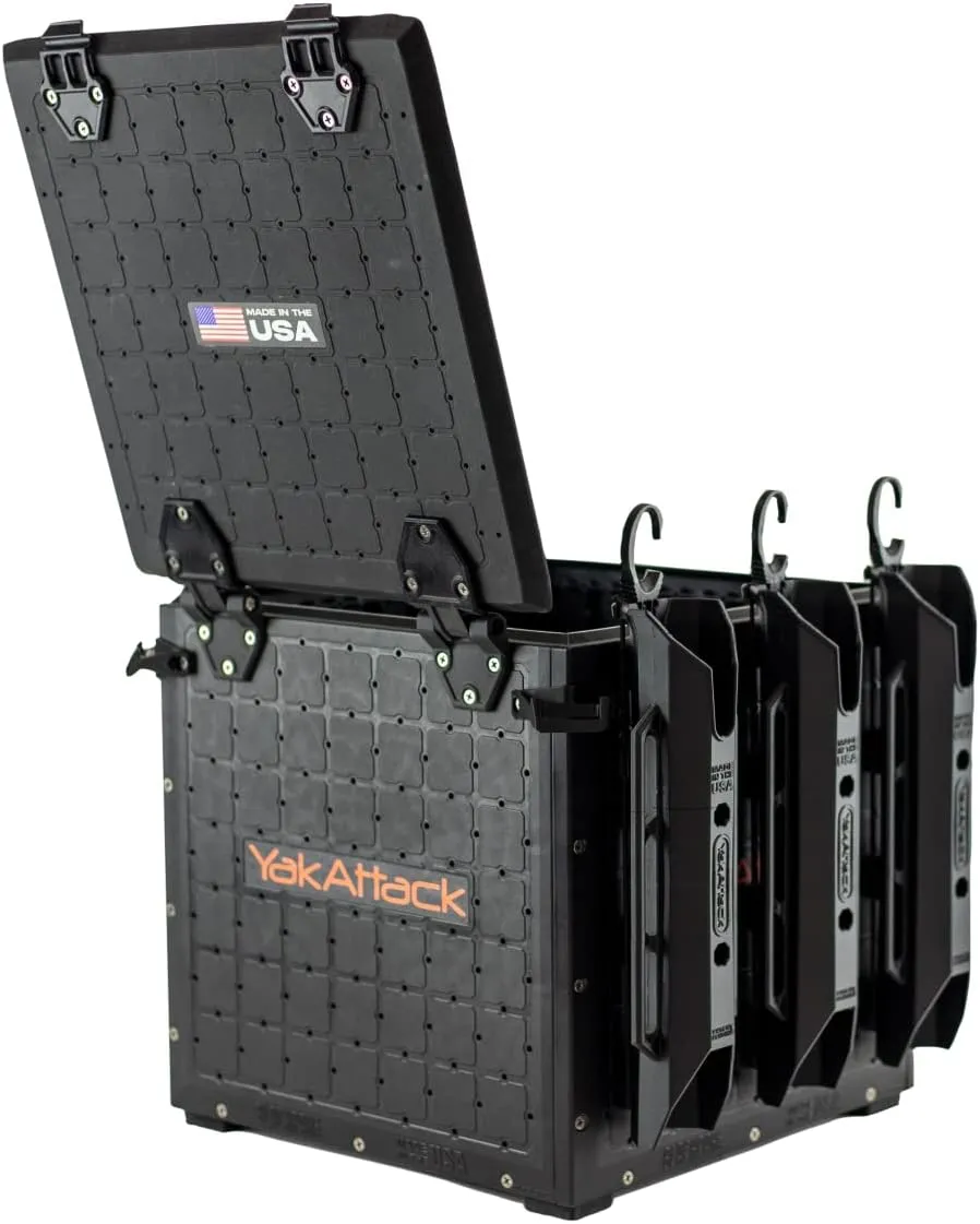 YakAttack BlackPak Pro 13" x 13" Fishing Crate with 3 Rod Holders - Black | Compact Tackle Storage Box & Gear Organizer for Kayaks | Lightweight, Durable & Customizable Marine Accessory | Made in USA